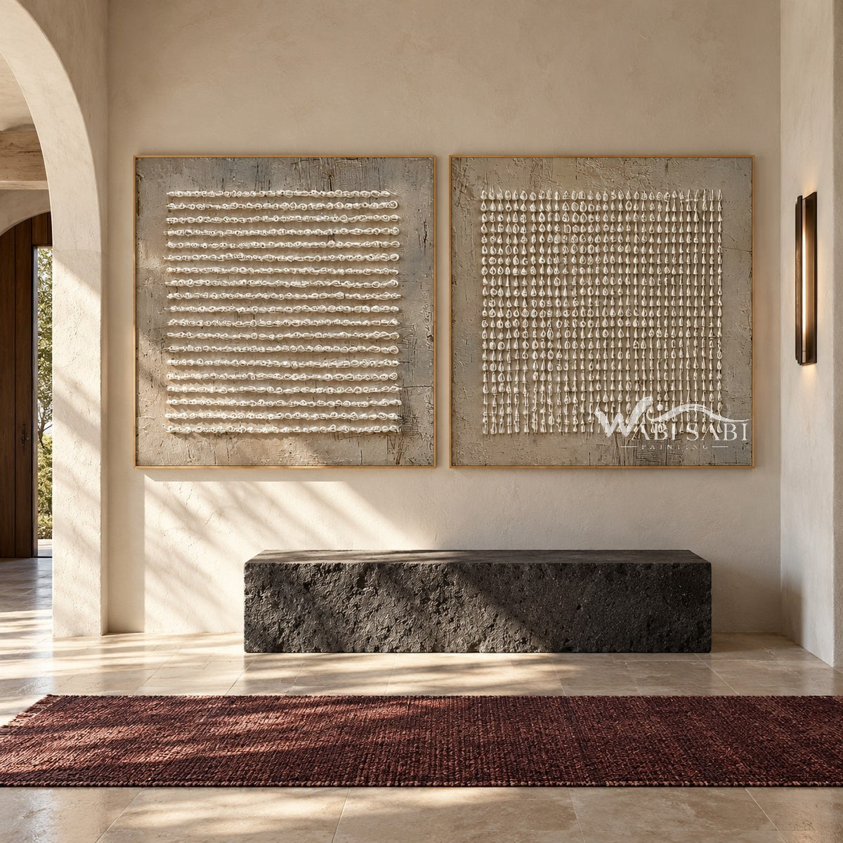 Wavy Lines and Dots 2-Piece Set shown above a bench.
