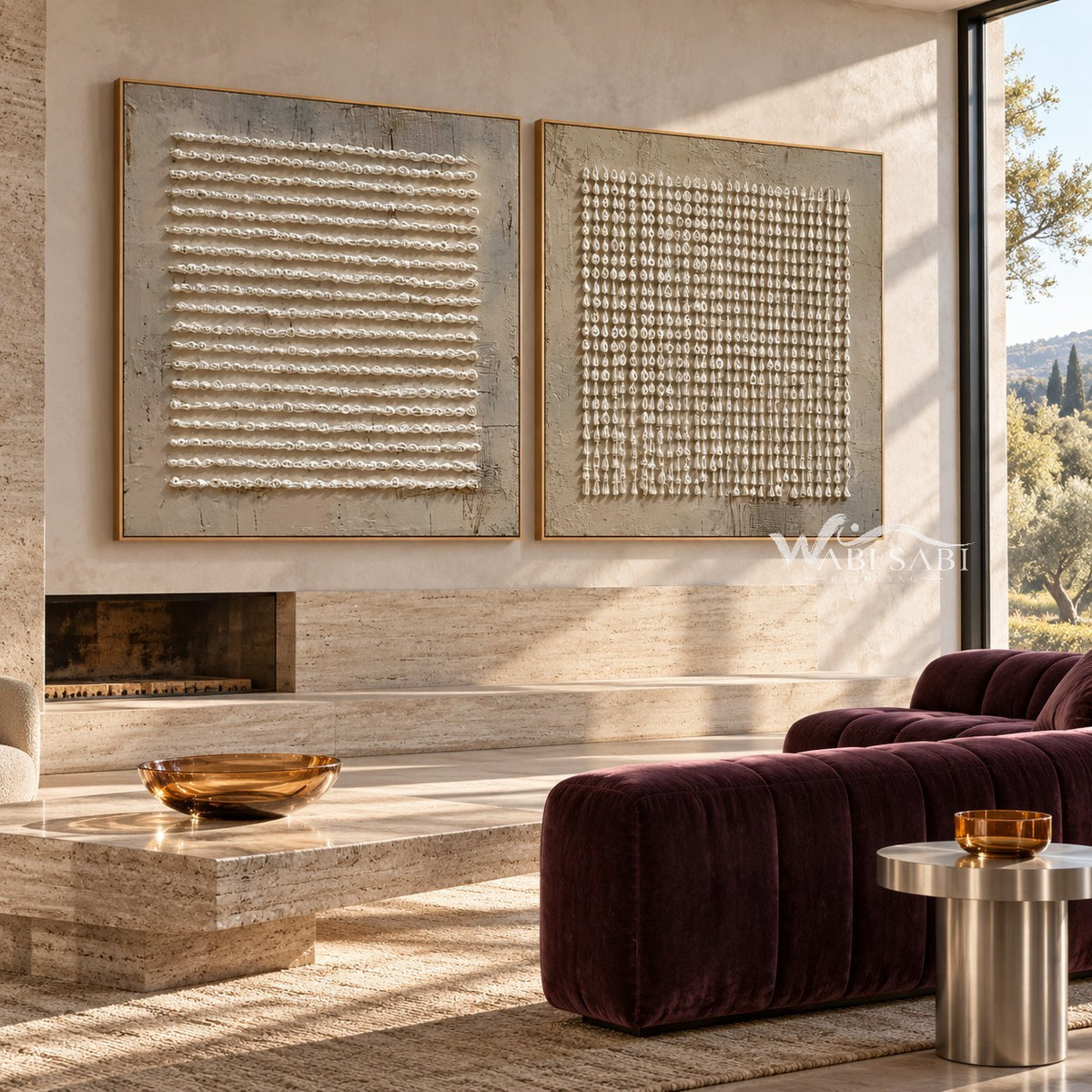 Wavy Lines and Dots 2-Piece Set shown near a fireplace.
