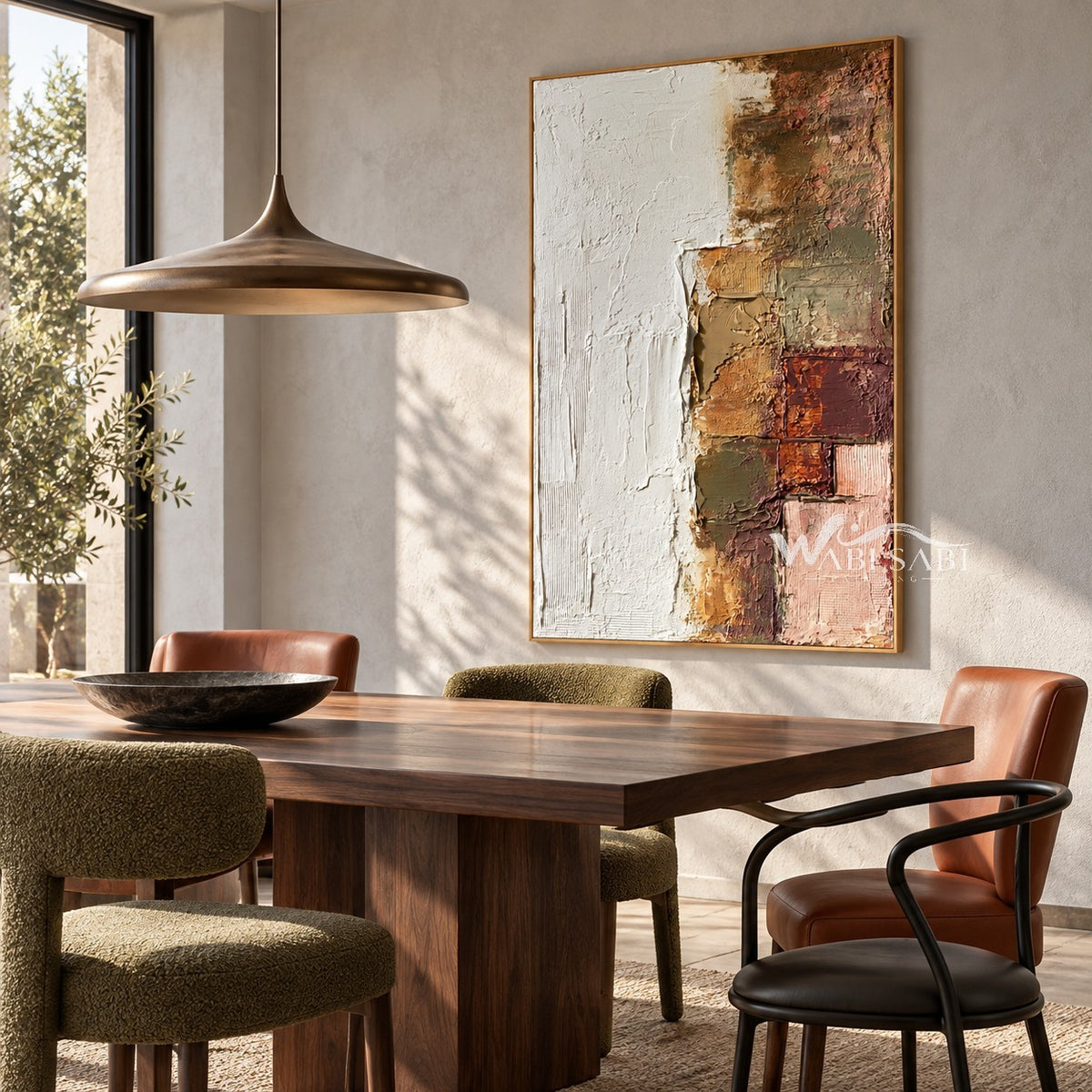 White and Muted Patchwork Abstract Painting shown above a dining table.