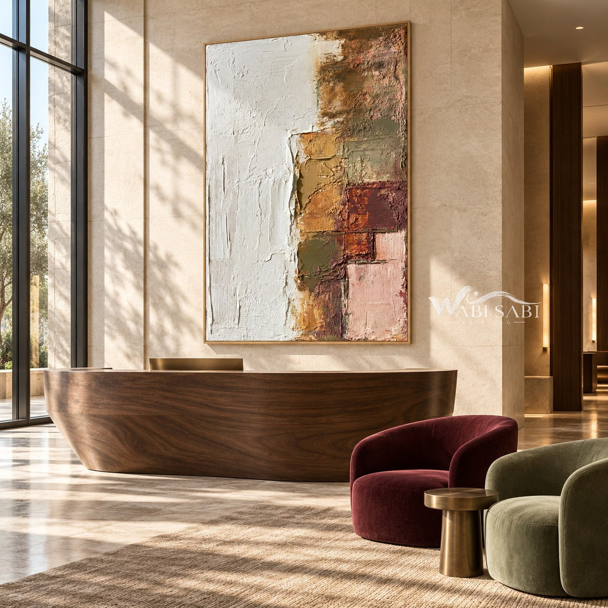 White and Muted Patchwork Abstract Painting shown above a wood cabinet between lounge chairs.