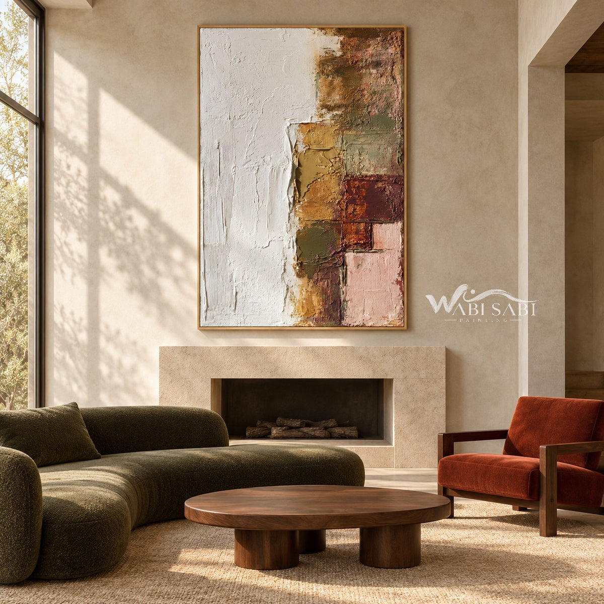 White and Muted Patchwork Abstract Painting shown above a fireplace.