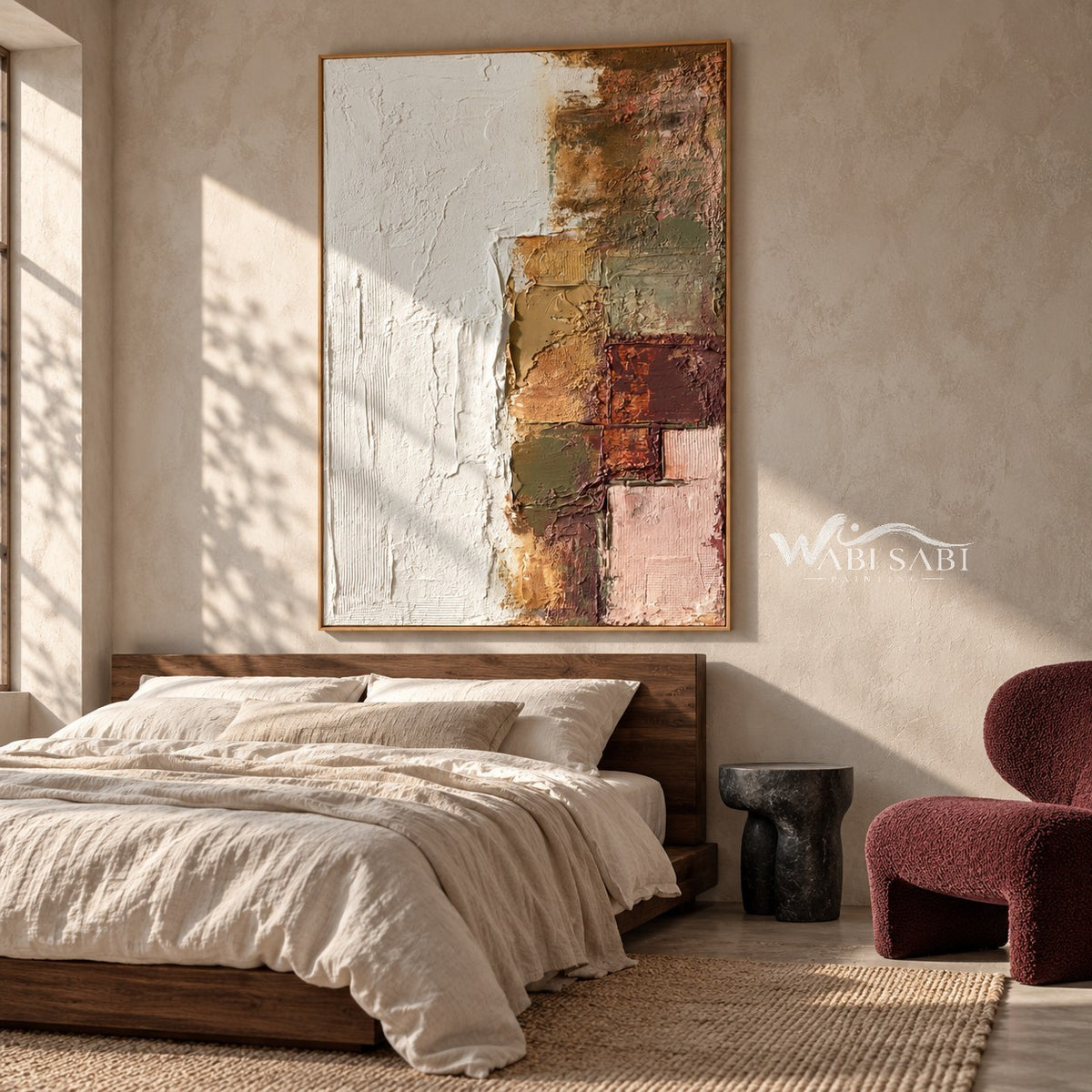 White and Muted Patchwork Abstract Painting shown above a bed with neutral bedding.