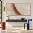 White and Rust Concentric Arc Wall Art shown above a console.
