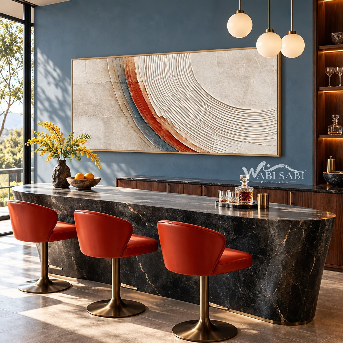 White and Rust Concentric Arc Wall Art shown in a bar area.