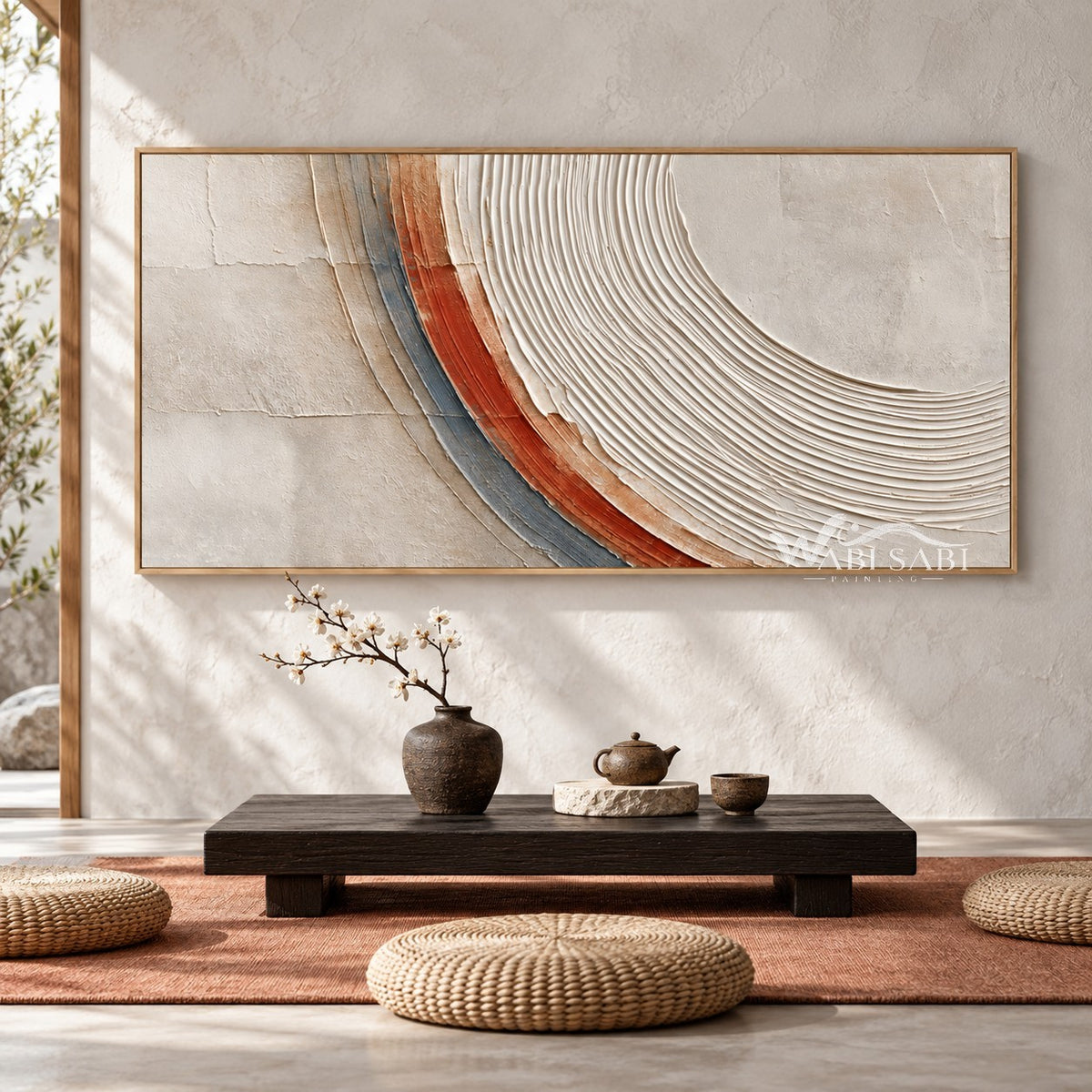 White and Rust Concentric Arc Wall Art shown in a seating area.
