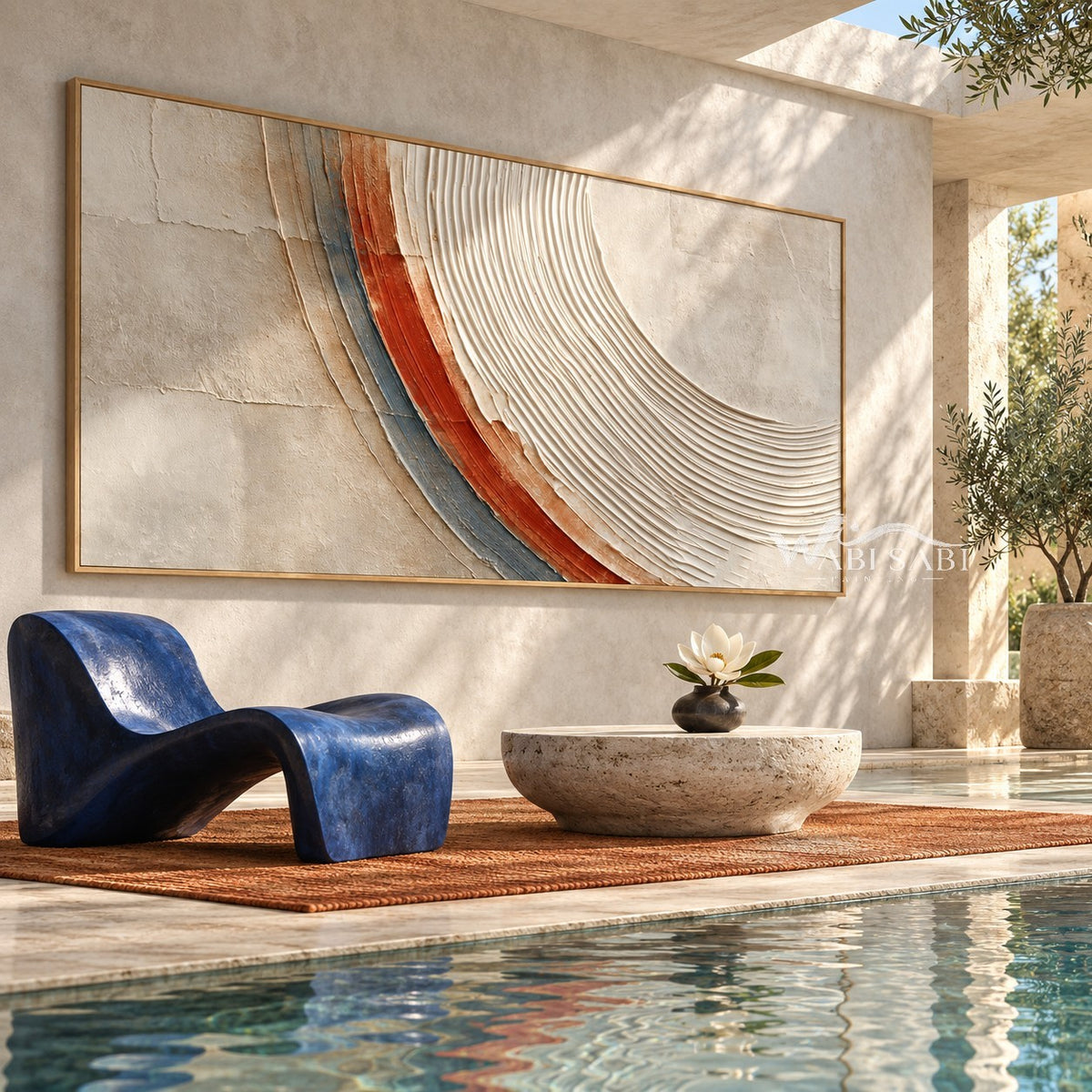 White and Rust Concentric Arc Wall Art shown in a poolside interior.