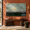 White Birds over Deep Green Wall Art shown above a wood console on a terracotta wall.
