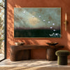 White Birds over Deep Green Wall Art shown above a wood console on a terracotta wall.
