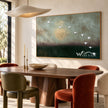 White Birds over Deep Green Wall Art shown above a dining table.