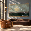 White Birds over Deep Green Wall Art shown above a brown sofa on a dark wall.