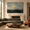 White Birds over Deep Green Wall Art shown above a fireplace.