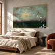 White Birds over Deep Green Wall Art shown above a bed with neutral bedding.