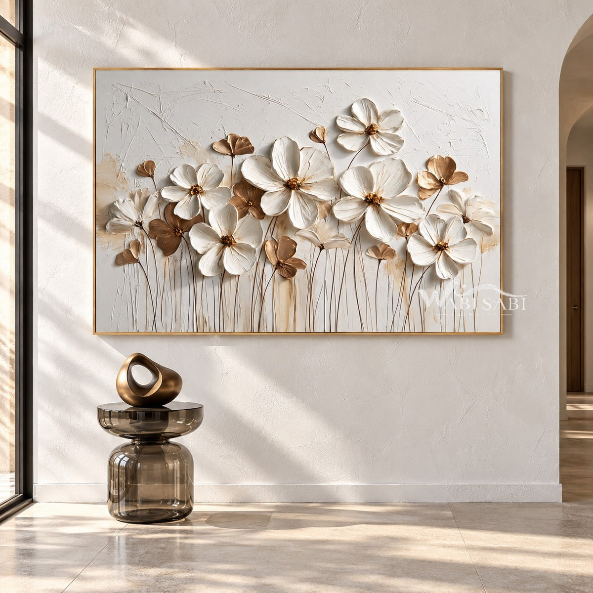 White Blossom Meadow Textured Art shown in an open interior.