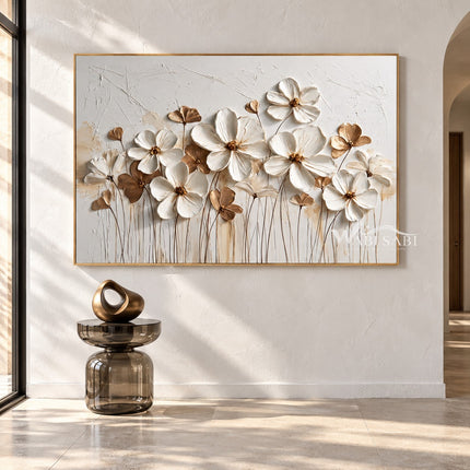White Blossom Meadow Textured Art shown in an open interior.