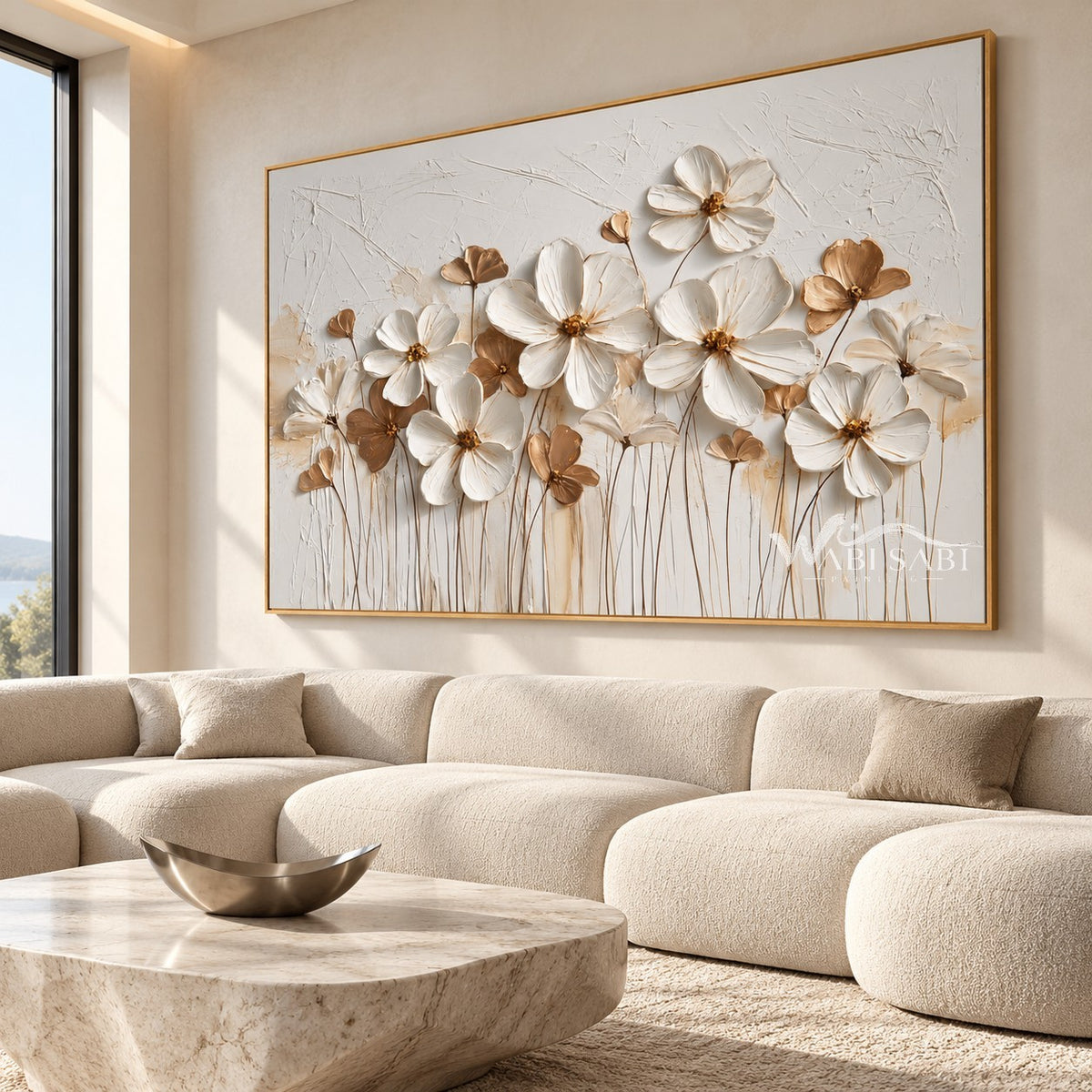 White Blossom Meadow Textured Art shown above a sofa.