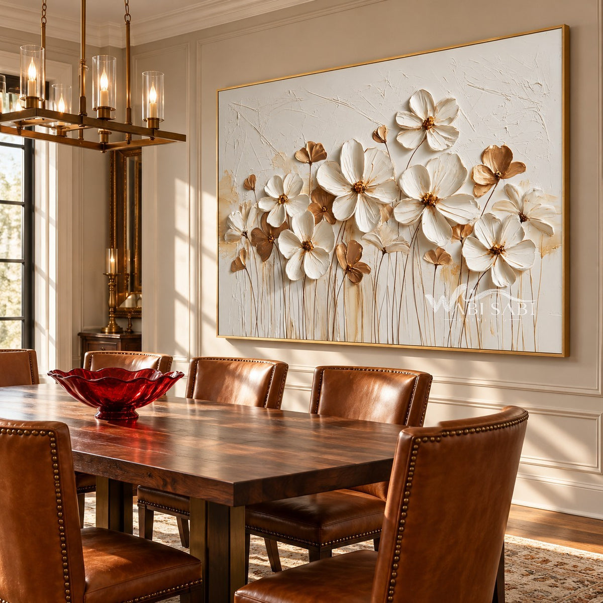 White Blossom Meadow Textured Art shown in a dining area.