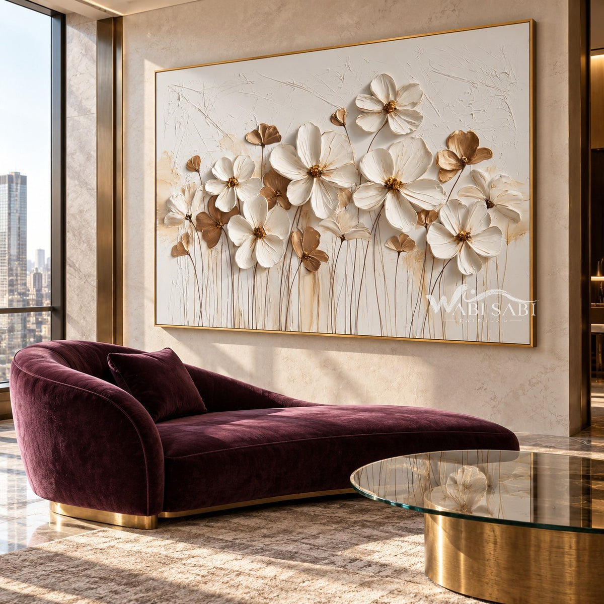 White Blossom Meadow Textured Art shown in a seating area.