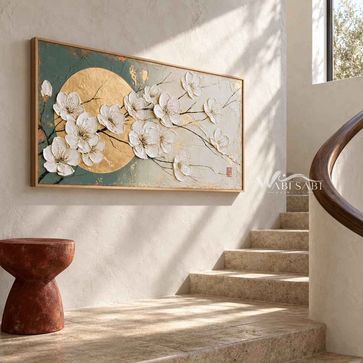 White Blossoms across a Golden Circle Wall Art shown beside a staircase.