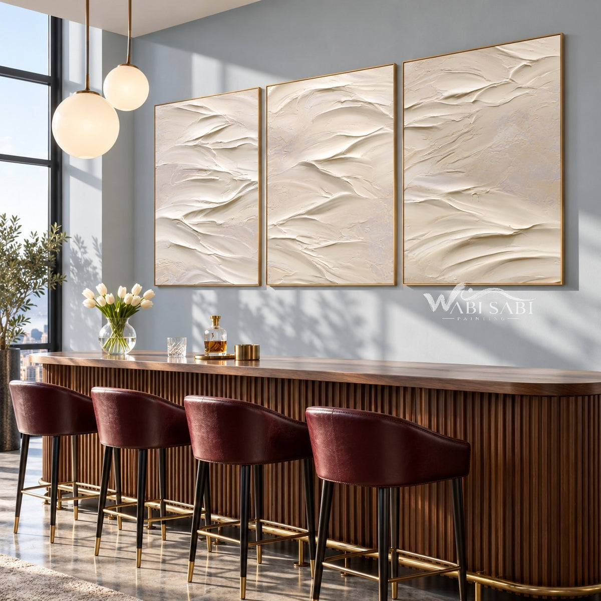 White Folded Ridges Triptych Wall Art shown in a bar area.
