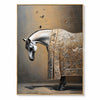 White horse facing left in white, gold, gray. Butterflies above the bowed head.