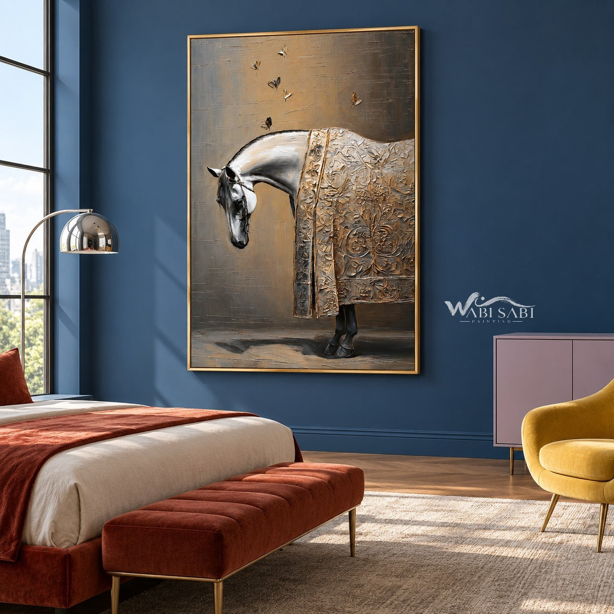 White Horse and Butterflies Wall Art shown above a bed beside a yellow chair.