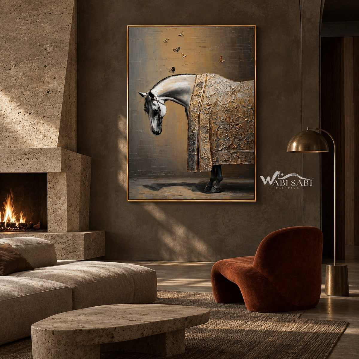 White Horse and Butterflies Wall Art shown above a sofa beside a fireplace.