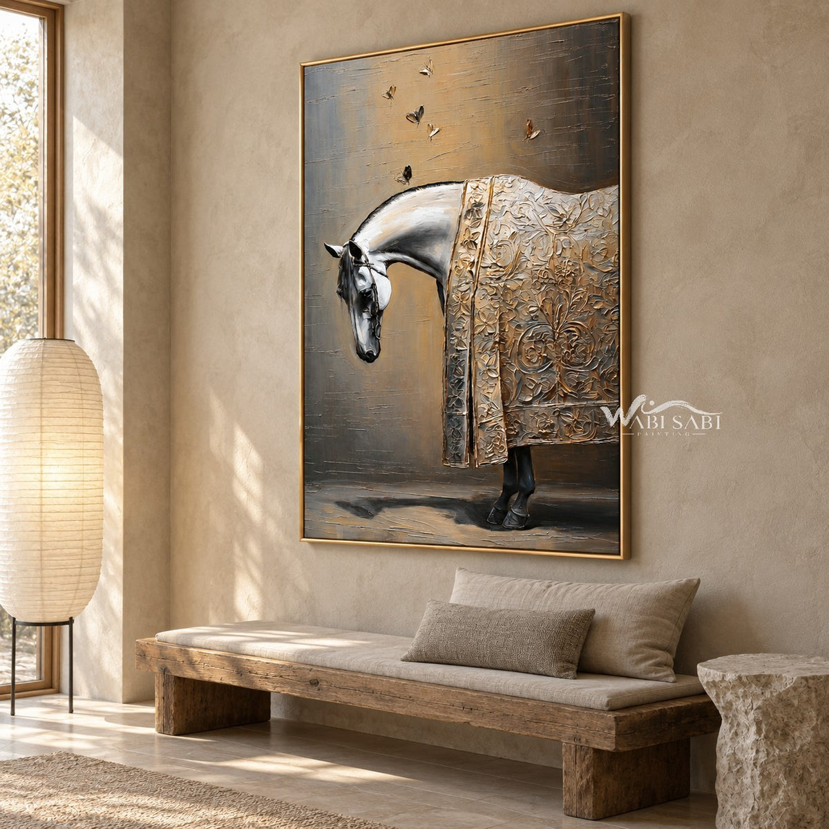 White Horse and Butterflies Wall Art shown above a long pale bench.