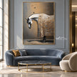 White Horse and Butterflies Wall Art shown above a curved blue sofa.