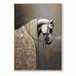 White horse facing right in white, gray, gold. Long pale mane.