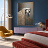 White Horse Portrait with Floral Details Wall Art shown above a bed beside a yellow chair.