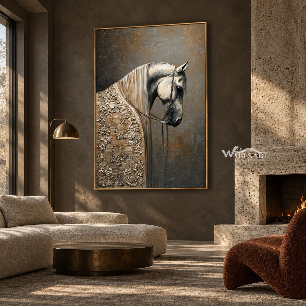 White Horse Portrait with Floral Details Wall Art shown above a sofa beside a fireplace.