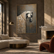 White Horse Portrait with Floral Details Wall Art shown above a sofa beside a fireplace.