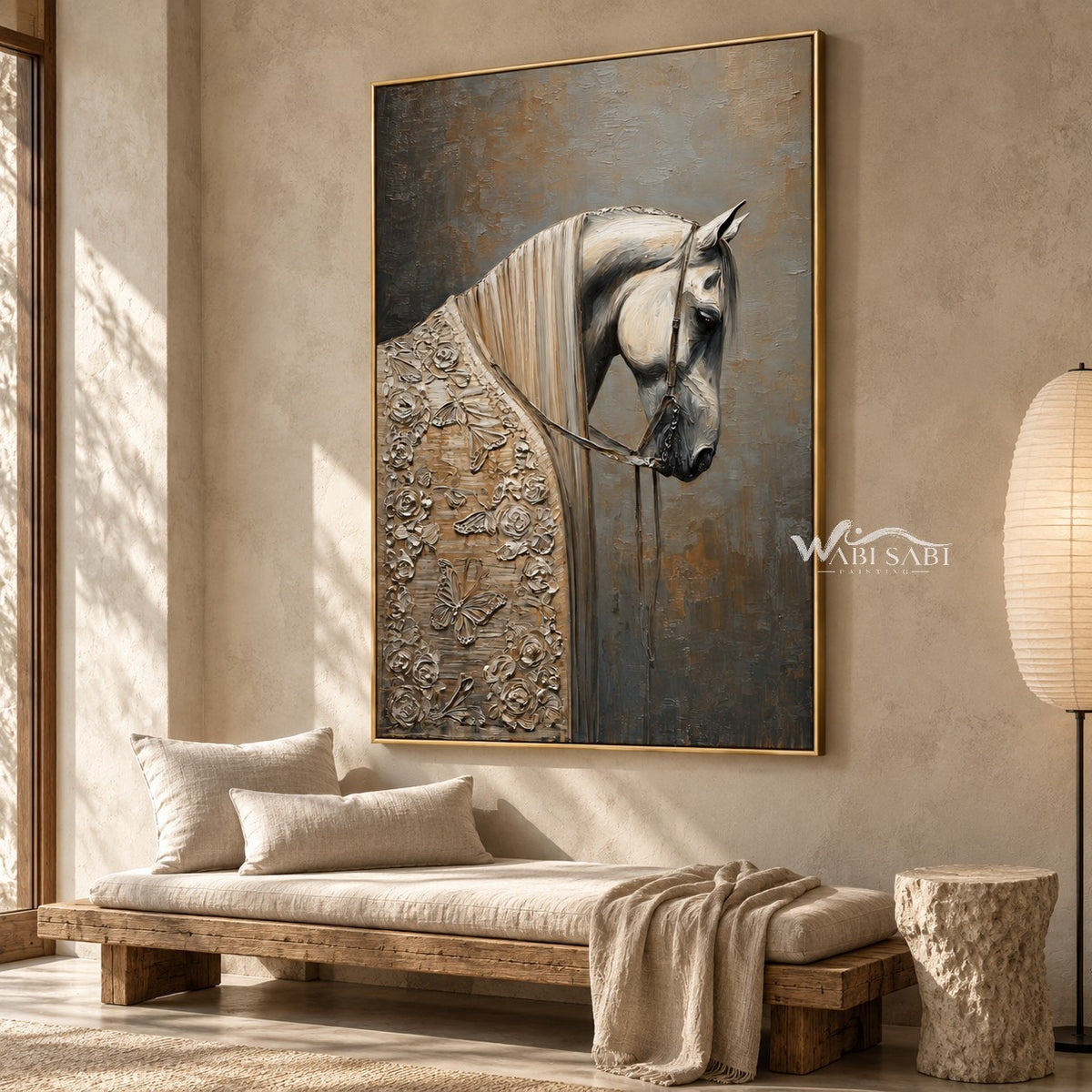 White Horse Portrait with Floral Details Wall Art shown above a long pale bench.