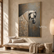 White Horse Portrait with Floral Details Wall Art shown above a long pale bench.