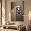 White Horse Portrait with Floral Details Wall Art shown above a long pale bench.