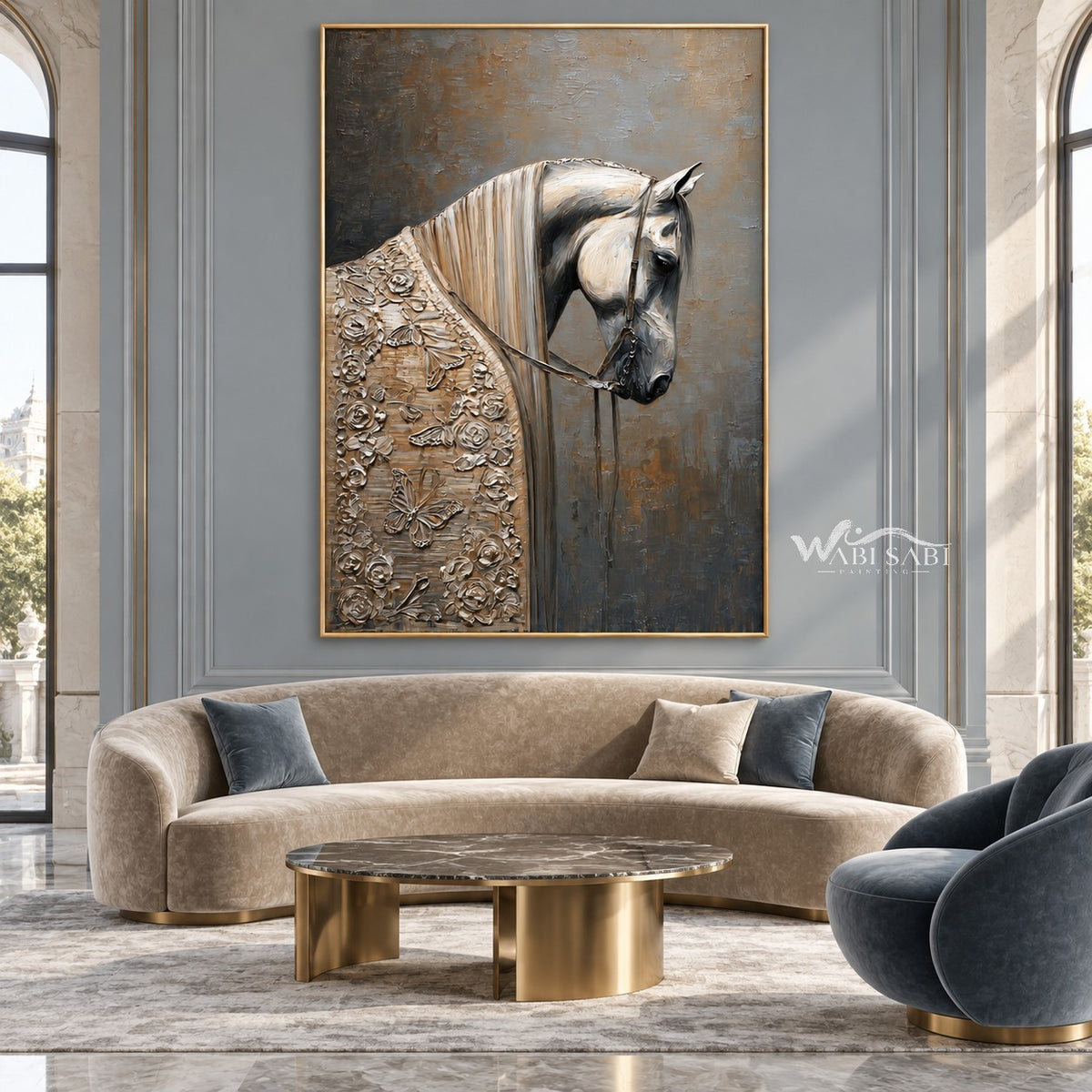 White Horse Portrait with Floral Details Wall Art shown above a curved pale sofa.