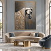 White Horse Portrait with Floral Details Wall Art shown above a curved pale sofa.