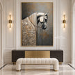 White Horse Portrait with Floral Details Wall Art shown above a console and pale bench.