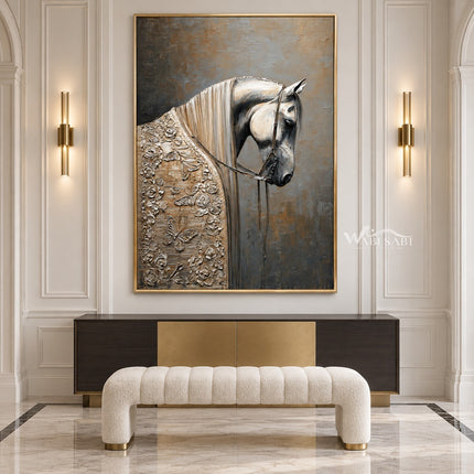 White Horse Portrait with Floral Details Wall Art shown above a console and pale bench.
