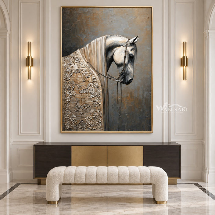 White Horse Portrait with Floral Details Wall Art shown above a console and pale bench.