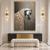White Horse Portrait with Floral Details Wall Art shown above a console and pale bench.