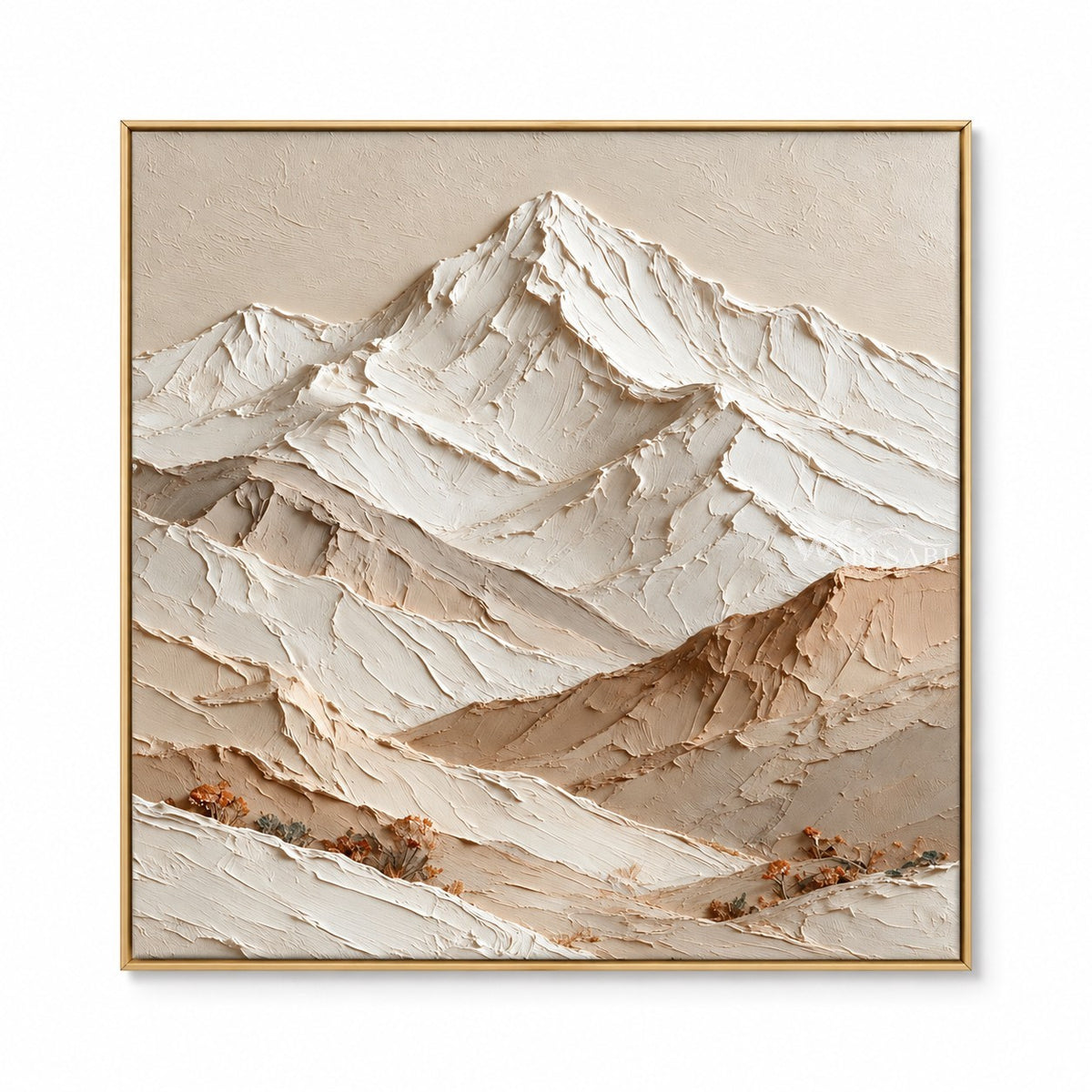 White central mountain peak in cream, white, tan. Tan ridge on the right.