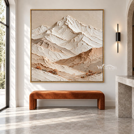 White Mountain Peak and Tan Foothills Wall Art shown above an orange bench.