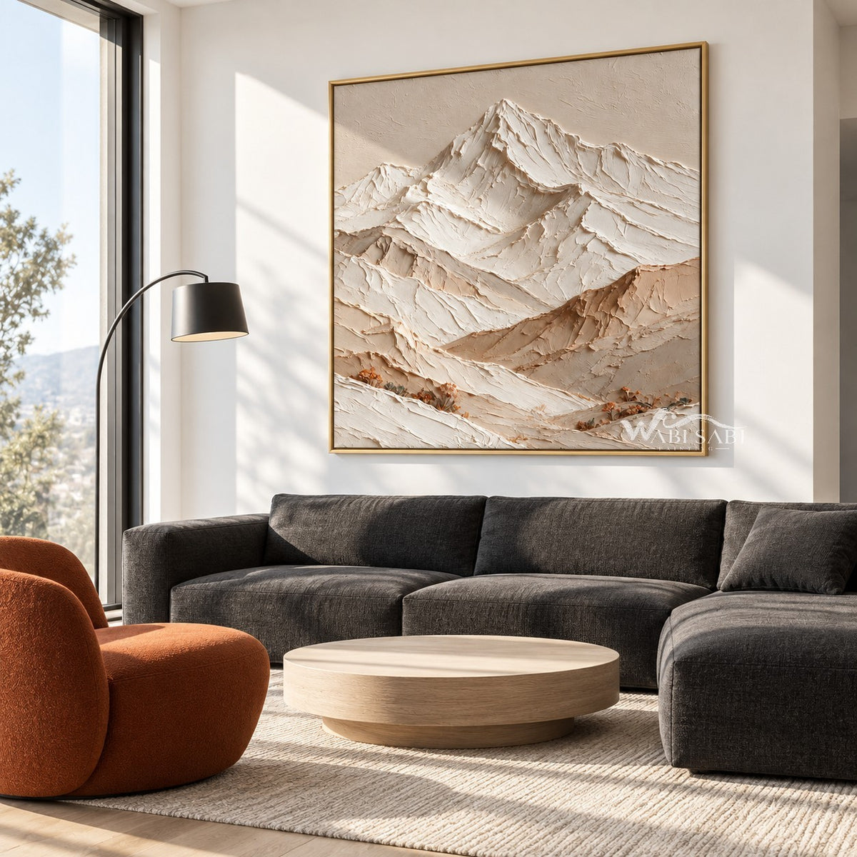 White Mountain Peak and Tan Foothills Wall Art shown above a dark sectional sofa.