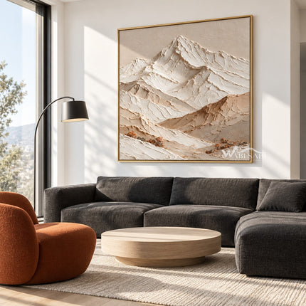 White Mountain Peak and Tan Foothills Wall Art shown above a dark sectional sofa.