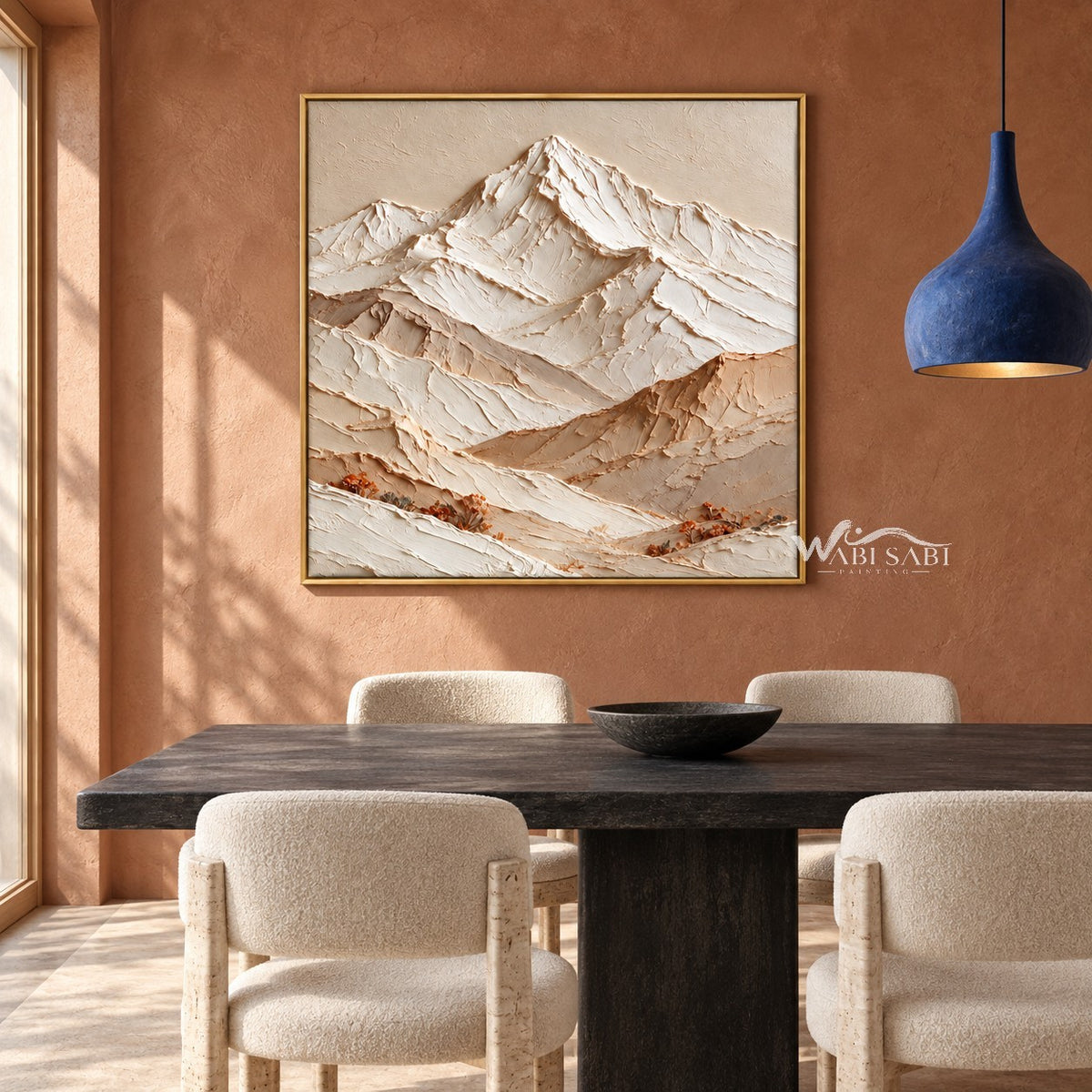 White Mountain Peak and Tan Foothills Wall Art shown behind a dining table.