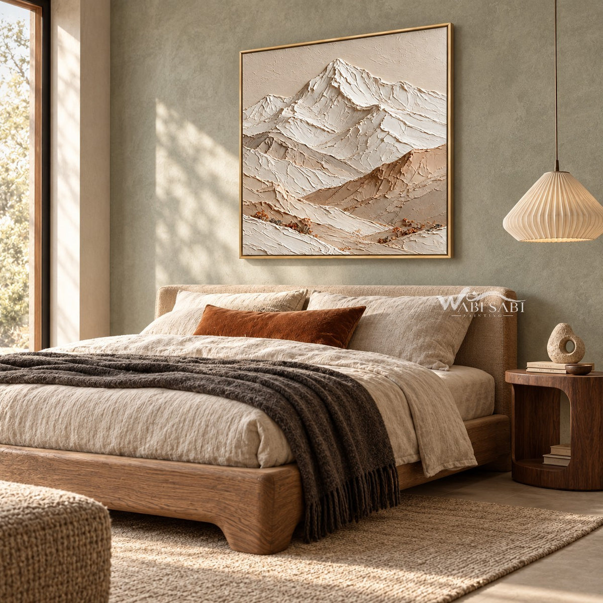 White Mountain Peak and Tan Foothills Wall Art shown above a bed with brown bedding.