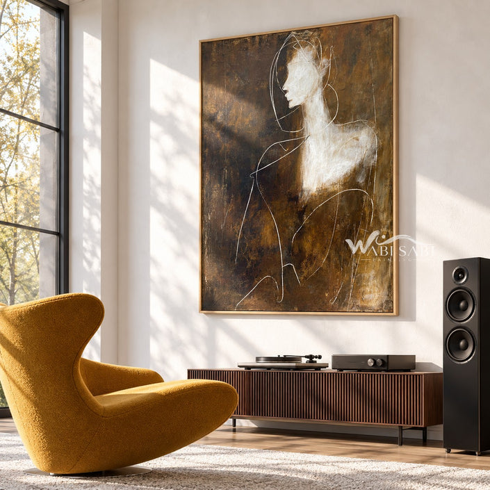 White Profile and Shoulder Abstract Painting shown in a room with a piano.