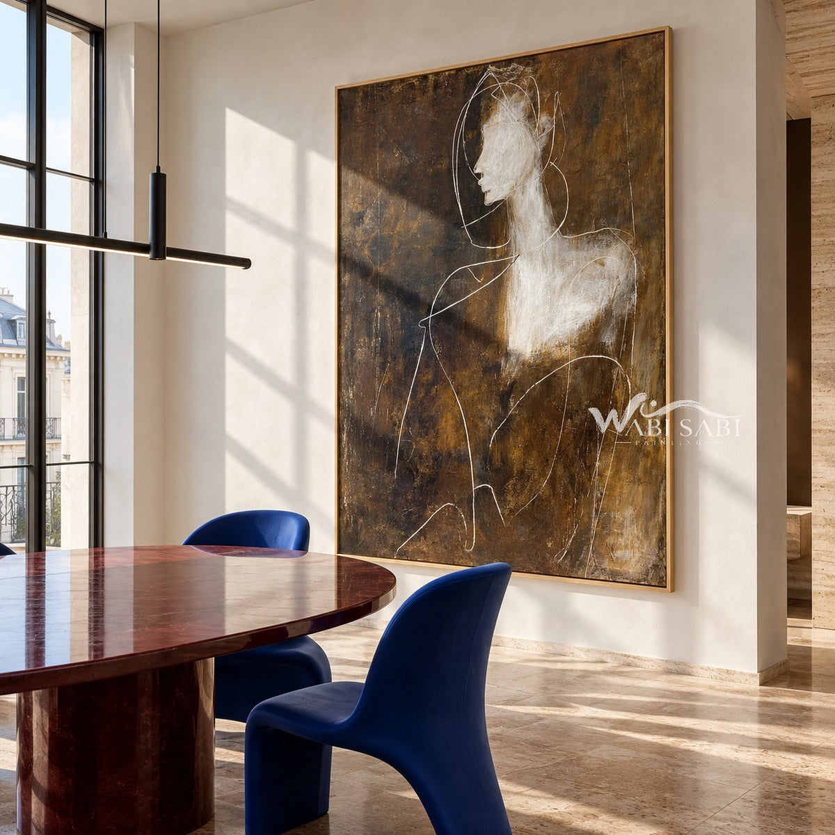 White Profile and Shoulder Abstract Painting shown in a dining area.