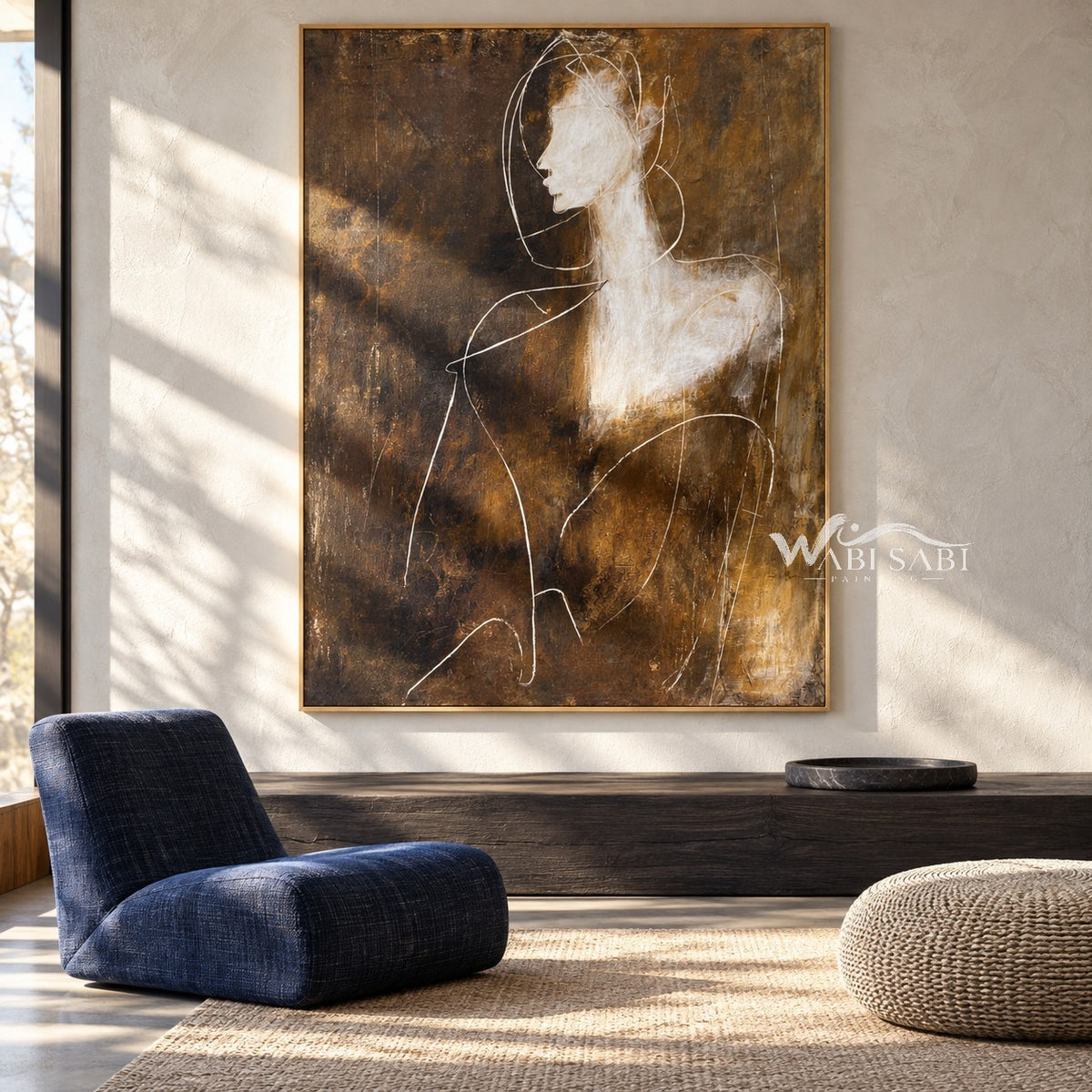 White Profile and Shoulder Abstract Painting shown in a seating area.
